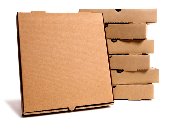 stack of brown pizza boxes with display box